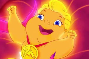 Animated character Baby Hercules smiling with a medallion around his neck