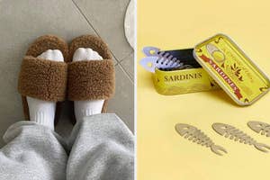Two images: Left shows feet in fluffy slippers, Right shows sardine-shaped snack forks