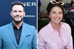 Chris Pratt in a blue suit smiles, while Katherine Schwarzenegger in a pink shirt poses with white sunglasses atop her head