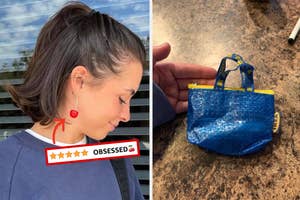 reviewer wearing cherry earrings and mini ikea coin holder