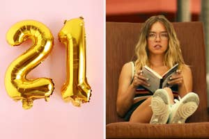 On the left, gold balloons in the shape of the number 21, and on the right, Sydney Sweeney reading a book in a chair as Olivia on The White Lotus