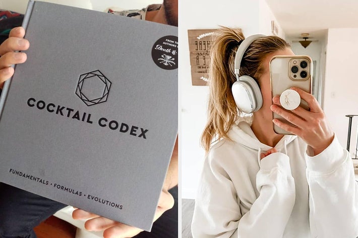 Person holding "Cocktail Codex" book; another with headphones takes selfie, obscured face