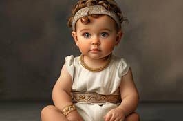 Baby with headband and golden-trimmed dress sitting down
