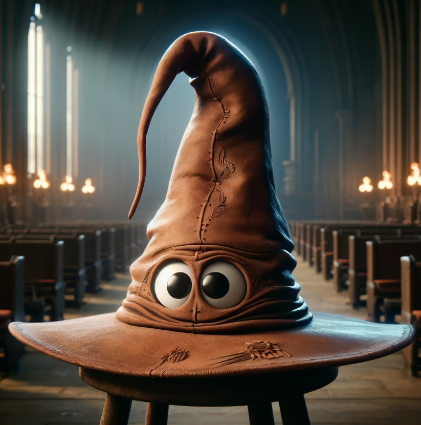The Sorting Hat from Harry Potter is sitting on a stool with eyes looking forward in a dim, large hall