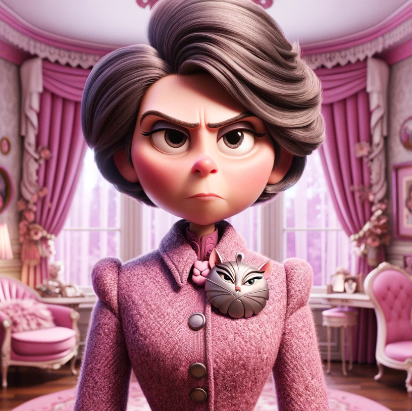 Elsa from Frozen stands in a room, wearing a pink outfit with a cat brooch, looking stern