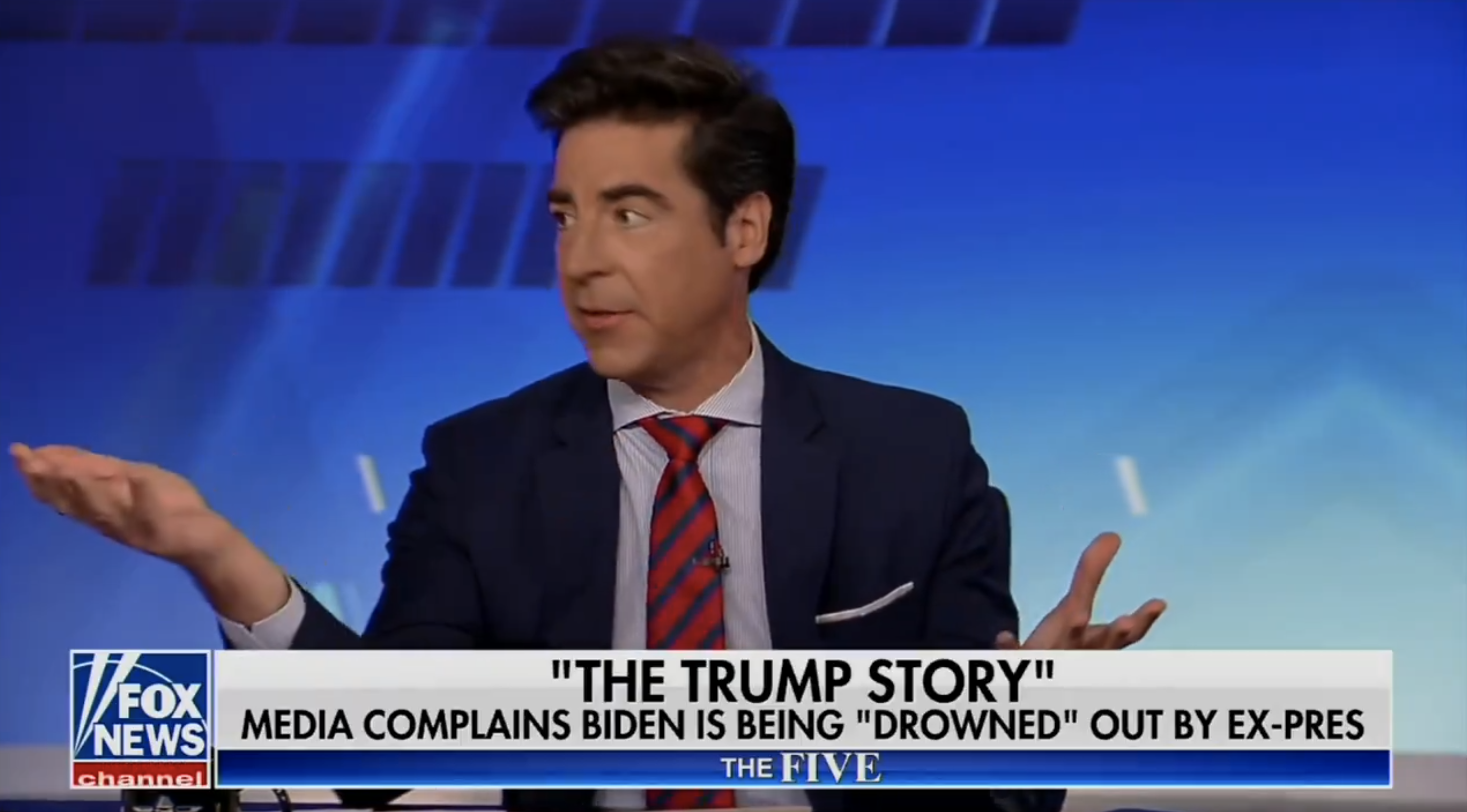 News anchor gestures during a broadcast segment titled &quot;THE TRUMP STORY&quot; on Fox News, discussing media complaints about Biden coverage