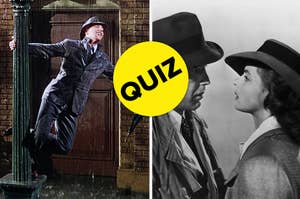 Side-by-side scenes from classic films, left with a person singing in the rain, right with two people in fedoras facing each other