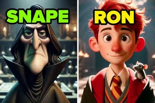 Animated characters Snape and Ron, from Harry Potter series, Snape looking stern and Ron smiling with a rat on his shoulder