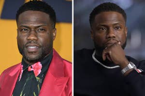 Two side-by-side photos of Kevin Hart, left in a red floral blazer, right with hand on chin wearing a chain necklace