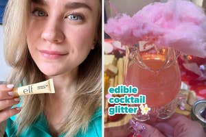 reviewer holding an elf cosmetic product; a hand presents a glitter-topped drink