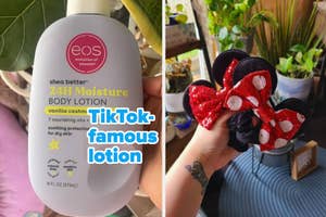 Person holding a bottle of EOS vanilla cashmere lotion next to a plant, and another holding a sparkly Minnie Mouse-inspired hair bow