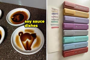 soy sauce dishes and glitter highlighters