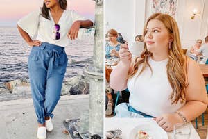 reviewer in blue bow-hem pants / reviewer wearing white bodysuit tank