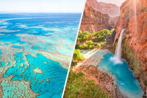 Split image with Great Barrier Reef on the left and a waterfall at Grand Canyon on the right, showcasing natural wonders