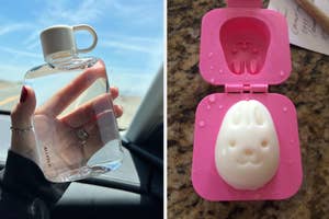 Hand holding a transparent perfume bottle next to an open pink case with an egg shaped like a bunny