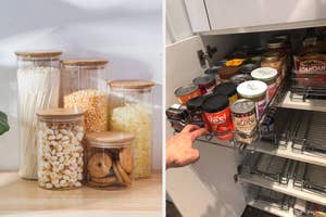 Assorted pantry items neatly organized in clear containers on a shelf and a hand pulling a can from a well-stocked cabinet organizer