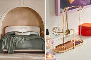 Two images side by side; left shows a neatly made bed with a headboard, right displays a jewelry stand with necklaces