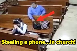 Person in pew taking another's phone; caption: "Stealing a phone...in church!"