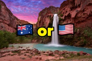 Australian and US flags above a waterfall with the word "or" between, indicating a choice between the two countries