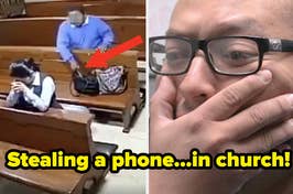 Split image: left shows a person taking a phone from a bag in church; right is a close-up of a man's shocked face
