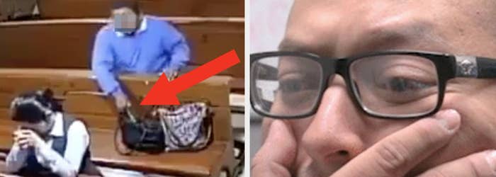 Split image: left shows a person taking a phone from a bag in church; right is a close-up of a man's shocked face