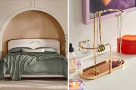 Two images side by side; left shows a neatly made bed with a headboard, right displays a jewelry stand with necklaces