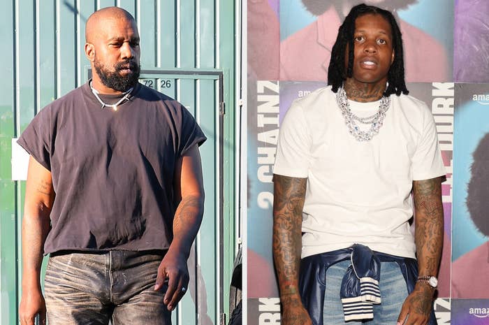 Kanye West in a T-shirt and pants, Lil Durk in a graphic tee and denim, with jewelry, at separate events