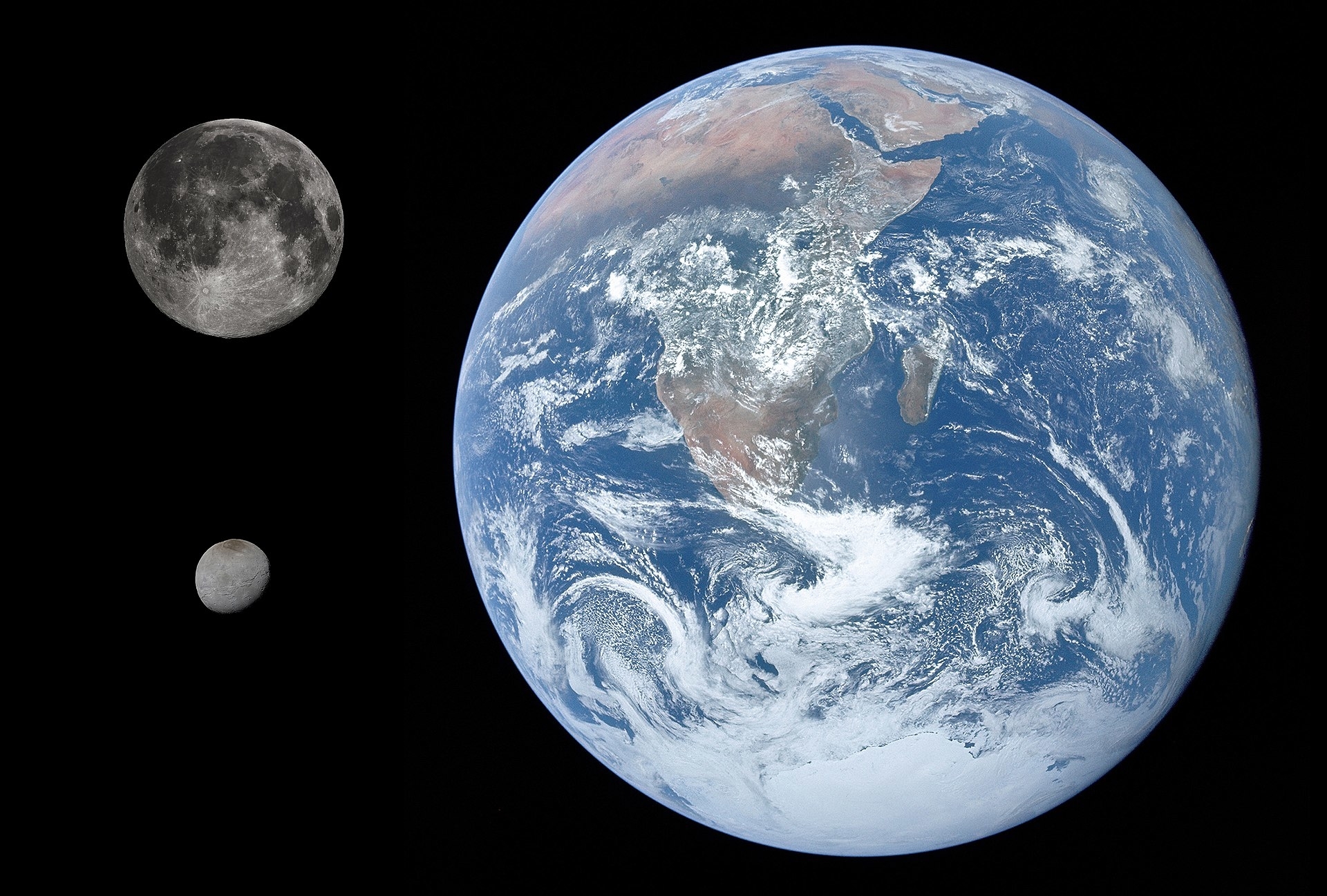 Composite image showing Earth, the Moon, and a second smaller moon against a black space background
