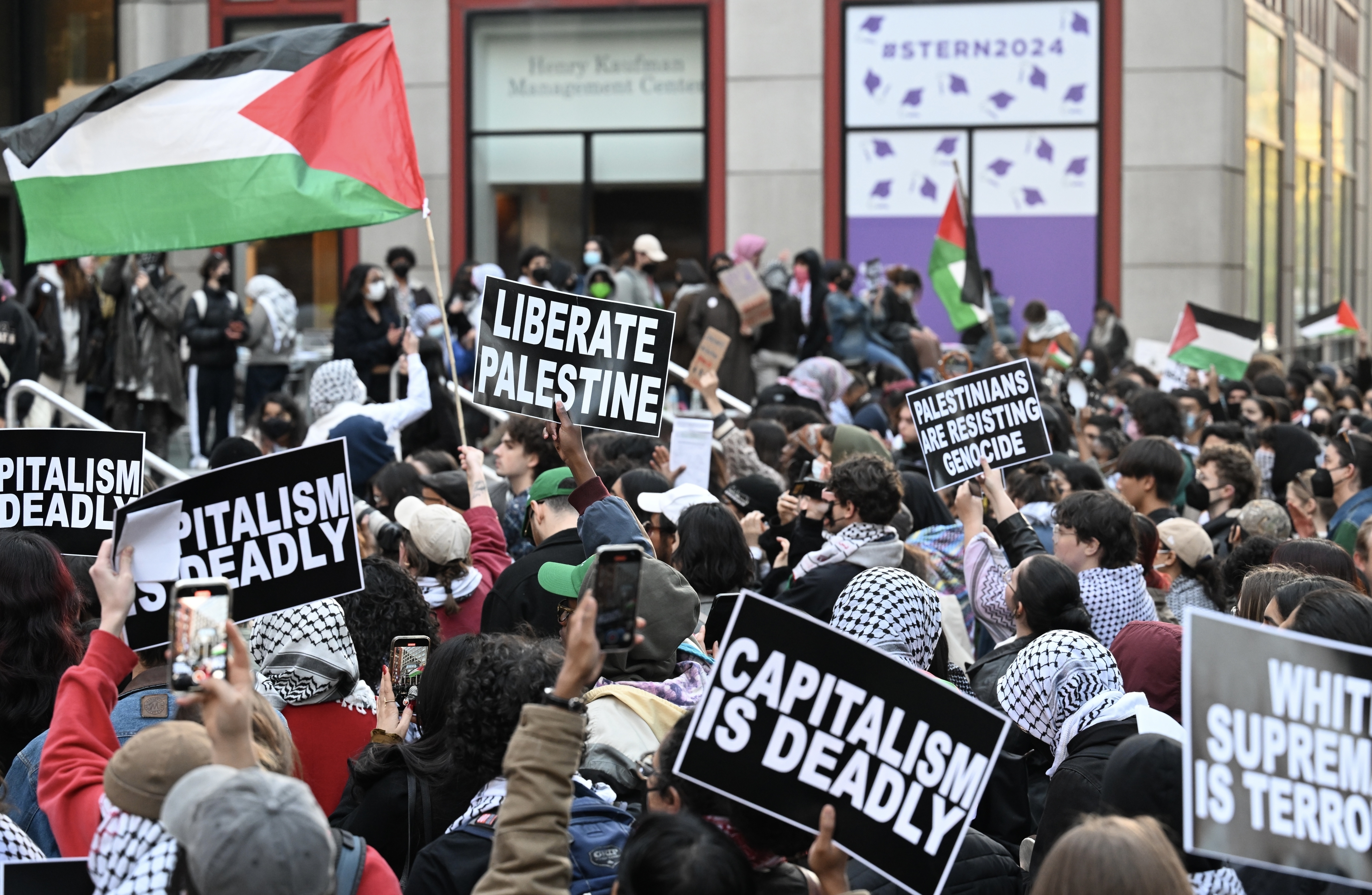 Crowd protesting with signs supporting Palestine and opposing capitalism