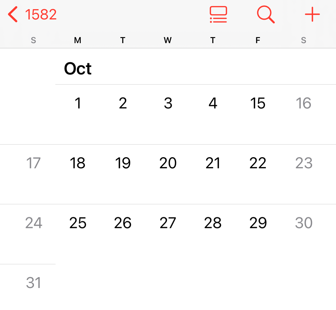 Calendar app displaying the month of October with dates 24 to 31 visible