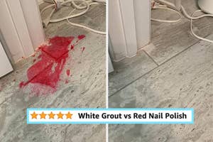 Spilled red nail polish on floor before and after cleaning with five-star review for White Grout vs Red Nail Polish product