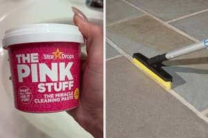 a hand holding a container of 'The Pink Stuff' cleaning paste and a handled scrub brush cleaning floor tile