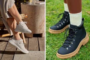 Person in casual white sneakers on the left and another in stylish black lace-up boots on the right for an outdoor look