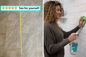 comparison of dirty and cleaned tiles and a person cleaning tiles with spray bottle and cloth