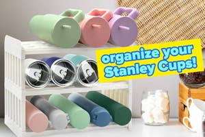 Assorted Stanley cups on shelves with text "organize your Stanley Cups!" for a shopping guide