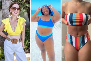 three reviewers, one wearing a yellow ruffled v-neck swimsuit top with white jeans, another wearing a blue colorblock bikini set, and another wearing a striped bandeau bikini
