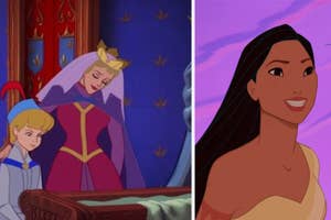 Animated characters Sleeping Beauty and Pocahontas from Disney films, shown side by side