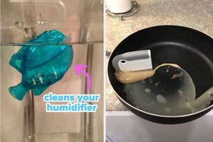 a humidifier cleaning fish and a squeegee in a pot scooping up bacon grease