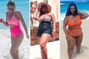 three reviewers, one wearing a two-tone pink one-piece with a stomach cutout, another wearing a retro striped one-piece, and another wearing an orange high-waisted bikini
