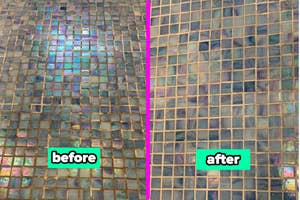 Close-up comparison of a tiled surface before and after cleaning