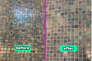 Close-up comparison of a tiled surface before and after cleaning