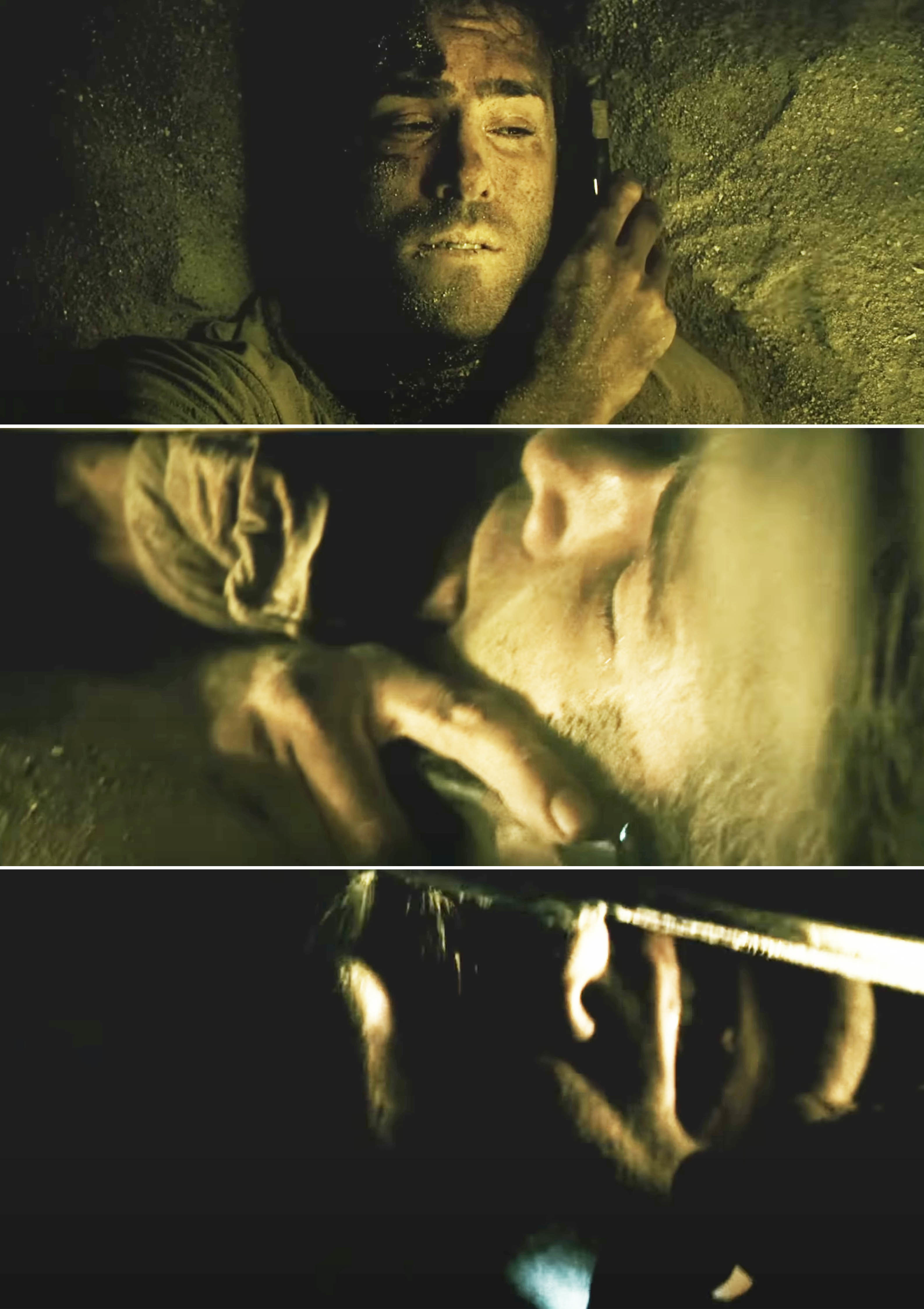 Three scenes from &quot;Buried&quot; with Ryan Reynolds showing his character trapped in a coffin