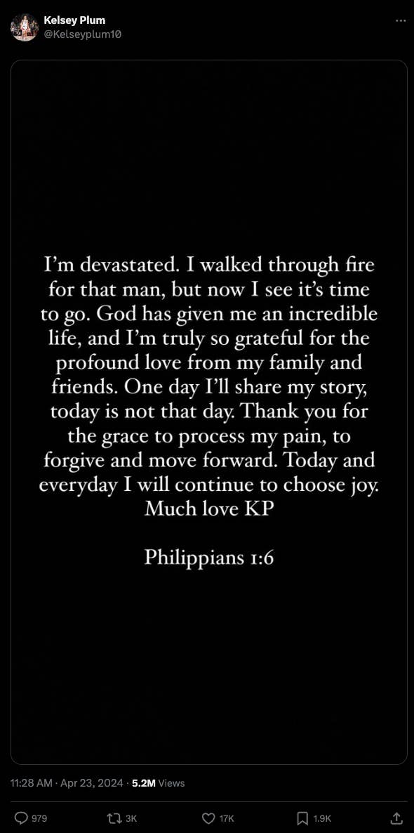 Text from Kelsey Plum&#x27;s social media post expressing heartbreak and gratitude with biblical quote, &quot;Philippians 1:6&quot; at the end