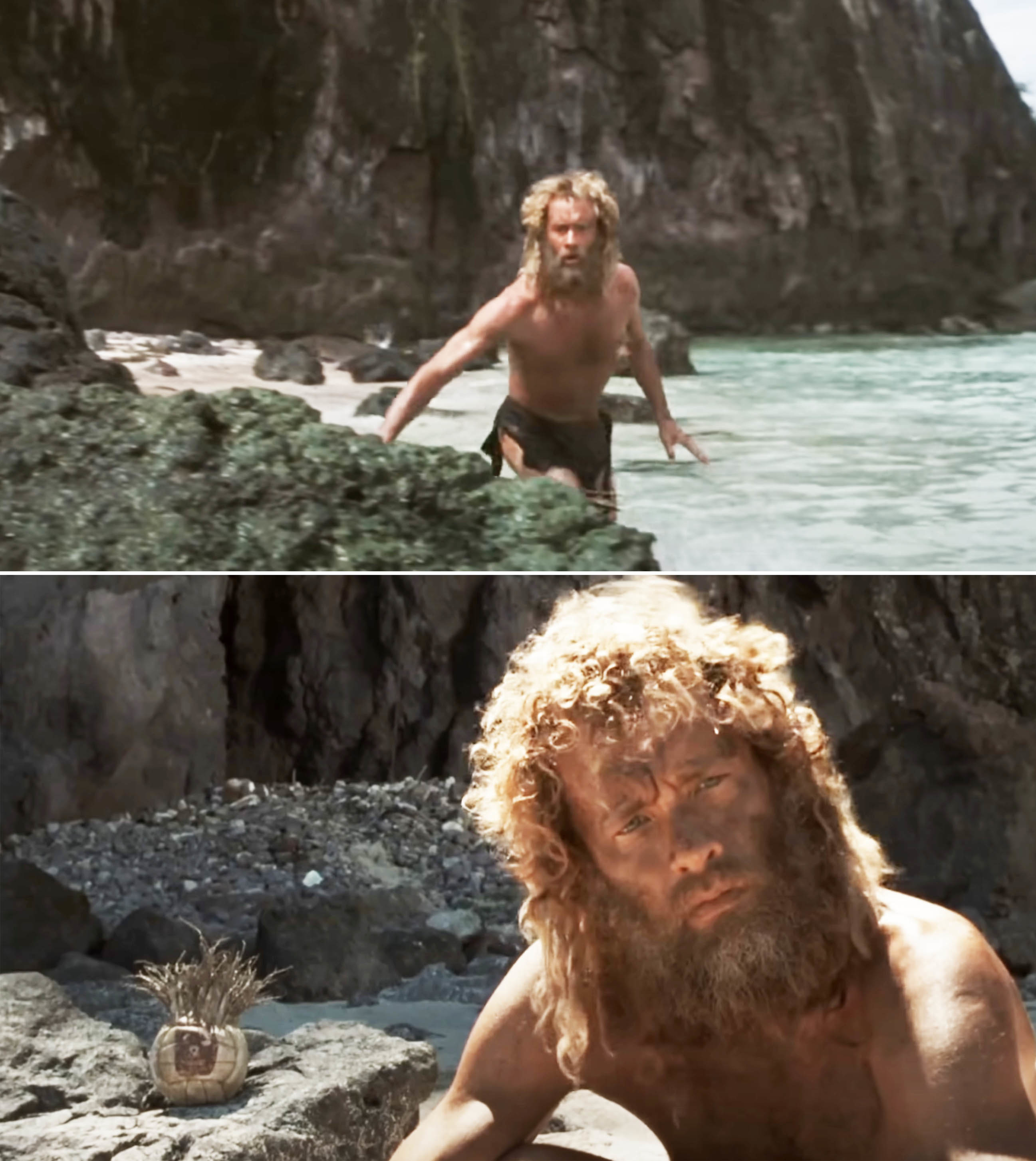 Tom Hanks as character from Cast Away, standing in water and sitting on beach with makeshift companion