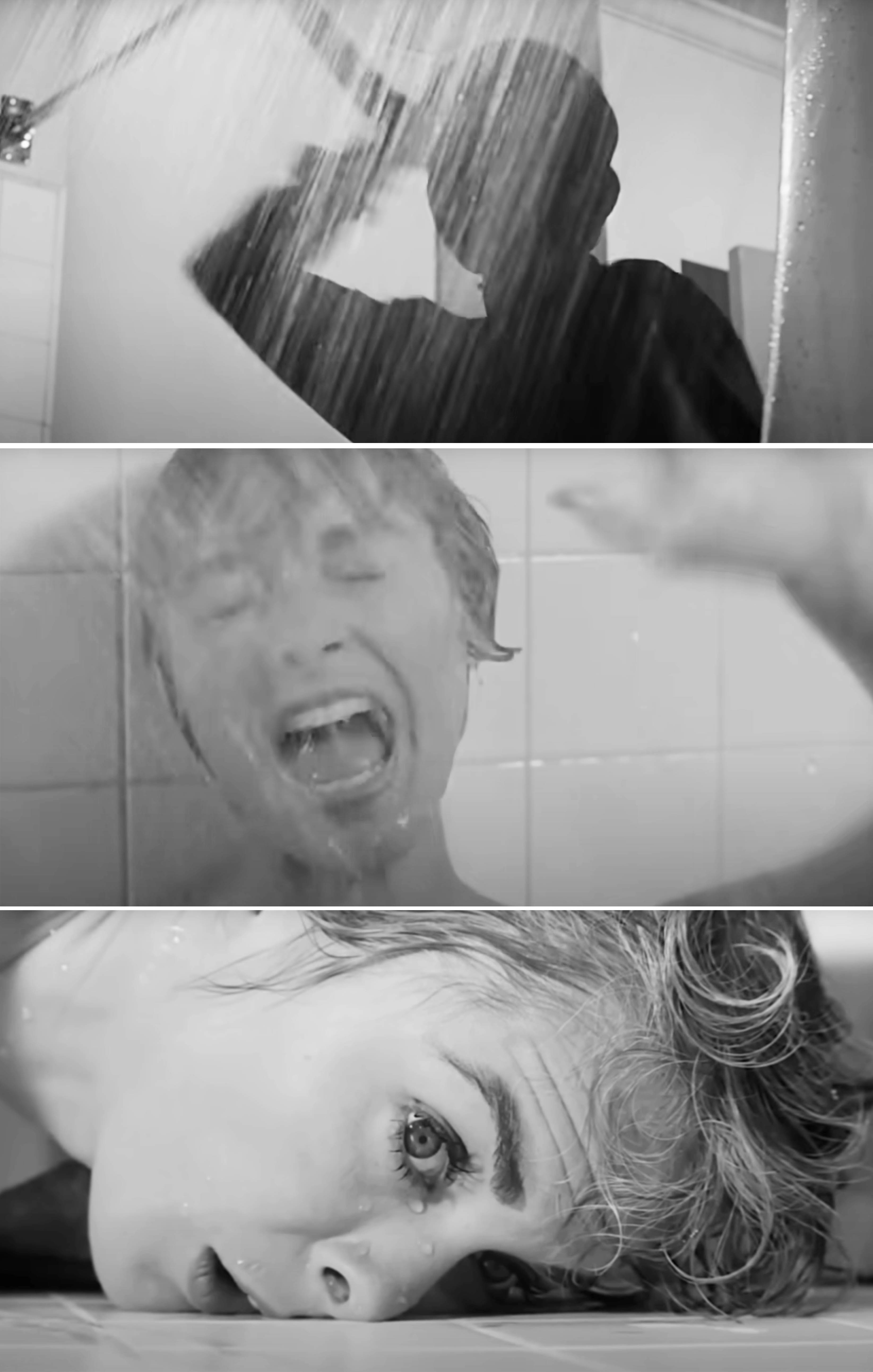 Marion Crane from Psycho is shown in three panels depicting the iconic shower scene