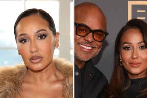 Two side-by-side photos: Left shows a close-up of Adrienne Bailon. Right shows Adrienne Bailon with Israel Houghton, both smiling