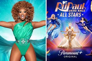 RuPaul poses in a green outfit, promotional image for "RuPaul's Drag Race All Stars"