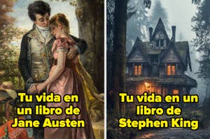 Dos imágenes: izquierda, pareja estilo siglo XIX; derecha, casa estilo gótico con texto "Tu vida en un libro de Stephen King"