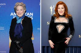 Two photos: Left, Bette Midler in a scarf and gloves; right, a celebrity in a black dress with a unique neckline