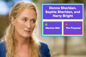 Meryl Streep as Donna from Mamma Mia next to a screenshot of the question Donna Sheridan, Sophie Sheridan, and Harry Bright with The Proposal incorrectly selected as the correct answer